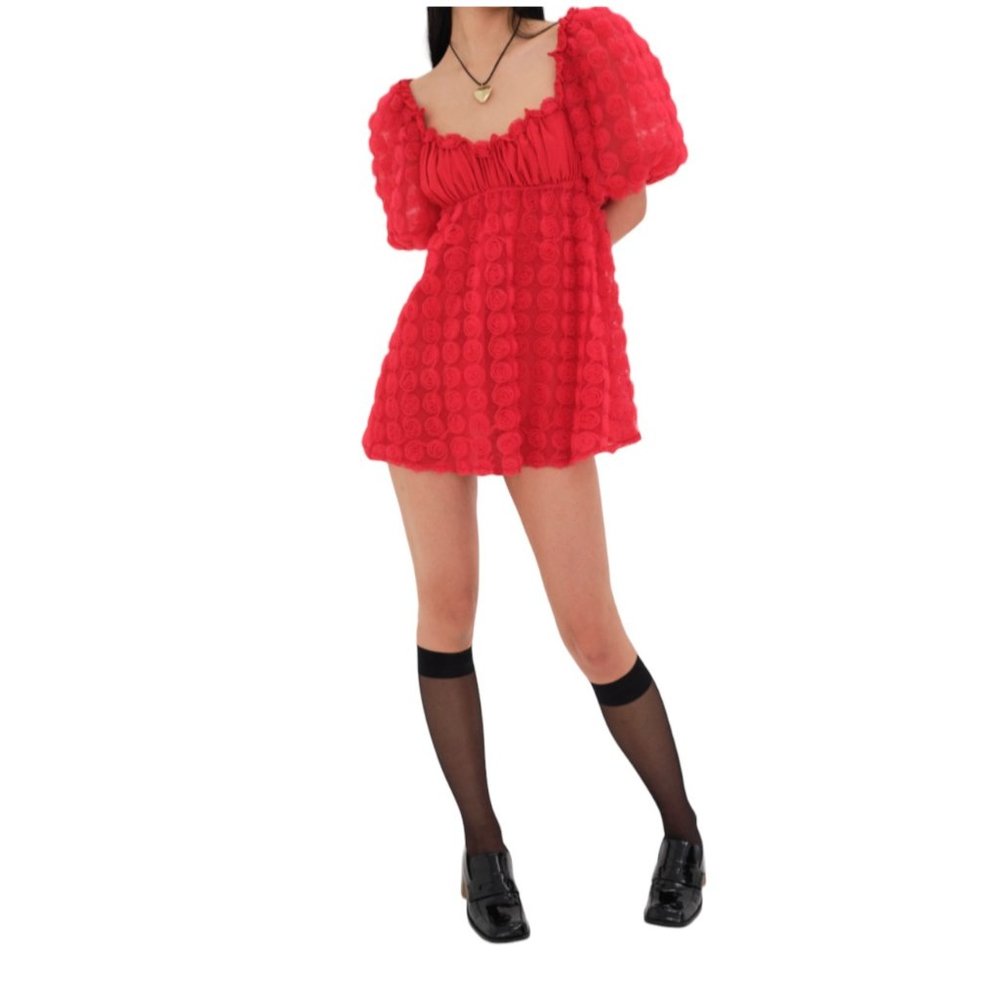 For Love and Lemons Hannah Rose Puff Sleeve Mini Dress Red Size Large NWT